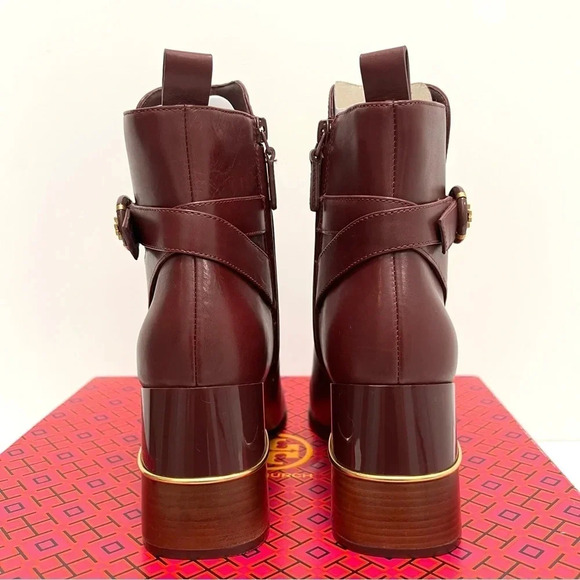 Tory Burch Multi Logo Buckle Boot Ankle Booties Square Toe Claret Burgundy 10 - Picture 6 of 14